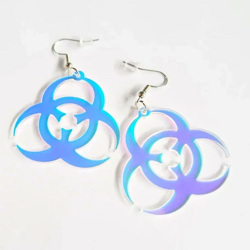 5/$25 Iridescent Acrylic Biohazard Symbol Earrings Novelty Drop Earrings NWT